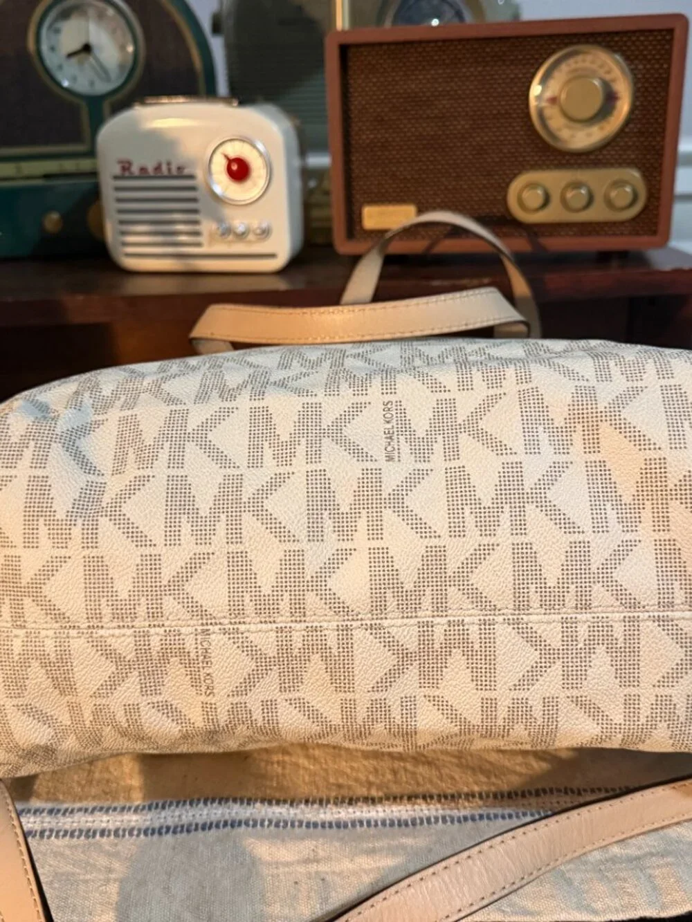 Michael Kors Large Vanilla Signature Logo Laptop Satchel Crossbody Bag